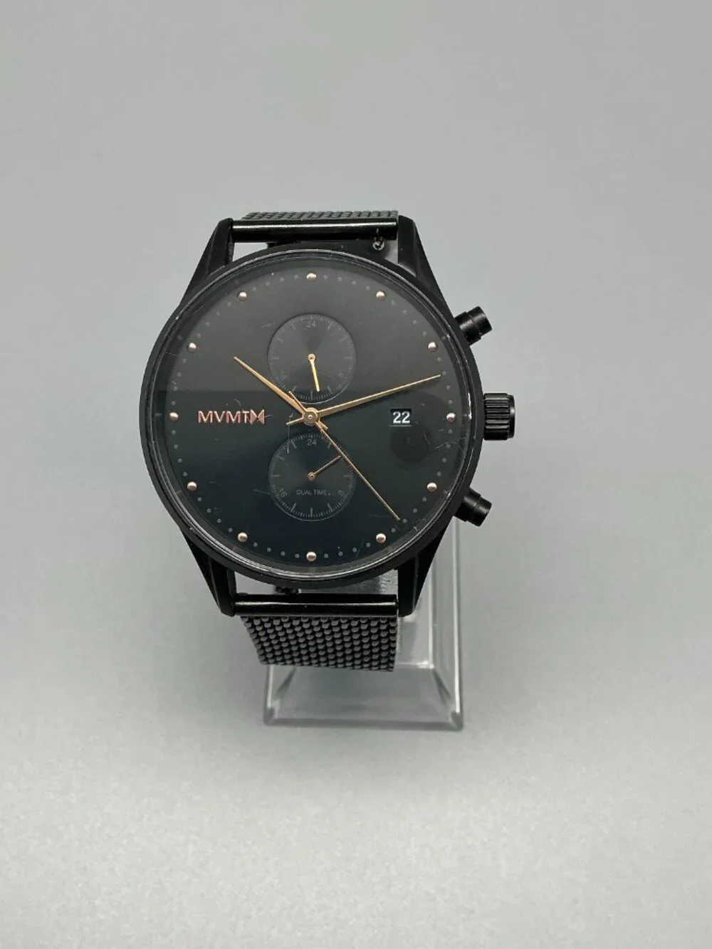 MVMT Voyager Black Rose Watch Men 42mm Dual Time Zone Mesh Band New Battery